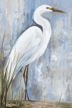 a painting of a white egret standing in tall grass on a blue background