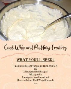 what you'll need to make cool whip and pudding frosting for desserts