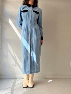 "- Vintage 90s Scarlett long sleeve denim dress - Velvet collar, pocket flaps and cuffs - Pearl snaps up the front - Padded shoulders *easily removable - Tagged 11/12 Bust: 19\" Waist: 15.5\"  Length: 48\"" Fitted Collared Denim Dress, Spring Denim Long Sleeve Dress With Buttons, Long Sleeve Denim Dress With Buttons, Spring Long Sleeve Denim Dress With Buttons, Fitted Collared Denim Dress With Buttons, Long Sleeve Cotton Denim Dress, Fitted Long Sleeve Denim Dress For Work, Long Sleeve Denim Dress For Daywear, Fall Denim Dress With Button Closure And Relaxed Fit