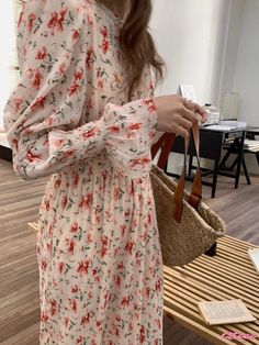 Qteee - Floral Print Maxi Dress Modest Floral Dress For Spring, Casual Maxi Length Floral Dress, Long Sleeve Beige Floral Dress, Casual Floral Dress For Fall, Casual Fall Floral Dress, Modest Floral Dress For Day Out, Casual Long Sleeve Floral Dress For Dress Down Occasions, Casual Pink Floral Dress For Fall, Casual Long Spring Dress