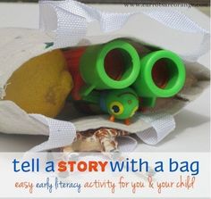 there is a bag with toys in it and the words tell a story with a bag