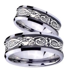 This is an 2 pieces tungsten carbide rings set in black color, Set width with a logo Celtic Dragon engraved on it. It include a 5mm and 8mm band width women and mens ring.This tungsten ring is cobalt free to avoid allergies, high polish finish, comfort fit design, perfect for the one you love. Tungsten ring is non scratch only apply on original tungsten silver color, it DOES NOT apply for any color coated tungsten item, please good take care your jewelry avoided from crash or any chemical lotion Celtic Knot Dragon, Mens Wedding Rings Tungsten, Blue Wedding Rings, Promise Rings For Guys, Celtic Dragon, Mens Engagement, Black Tungsten, Tungsten Carbide Rings, Men's Wedding Ring