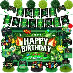 happy birthday banner with video game controllers and pom poms