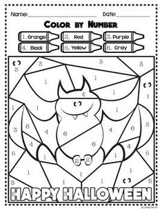 halloween color by number worksheet with an image of a bat on the page