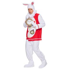 a man in a bunny costume holding a clock