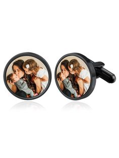 pair of round photo cufflinks with black metal frame, featuring two women kissing each other