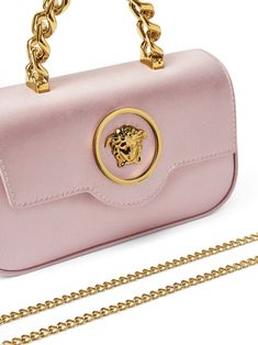 Luxury Pink Satchel With Removable Pouch, Luxury Pink Bags With Metal Logo, Designer Compact Pink Bag, Designer Pink Bag With Metal Logo, Luxury Pink Bag With Metal Logo, Pink Rectangular Bag With Metal Logo, Pink Versace Bag, Versace Travel Bag, Versace Small Backpack