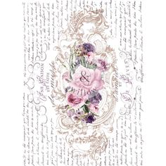 an old fashioned paper with flowers and writing on the bottom half of it, in purple tones