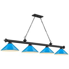 three light kitchen island fixture with blue glass shades