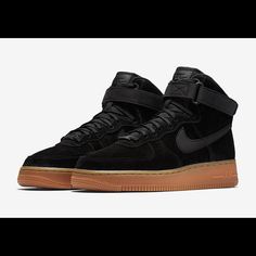 Nike Air Force 1 Modern Black High-top Sneakers With Gum Sole, Black Suede High-top Sneakers, Black Suede Sneakers With Boost Midsole, Nike Air Force 1 Leather With Laces, Black Nike Air Force 1 With Gum Sole, Nike Air Force 1 High-top Leather With Gum Sole, Modern Black Custom Sneakers With Gum Sole, Black High-top Suede Sneakers, Modern Nike Air Force 1 Leather Lace-up