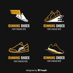 four running shoes logos with yellow and white colors on black background, one for each shoe