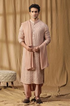 Rose pink lucknowi kurta with sequin embroidery. Paired with a salwar and dupatta. - Aza Fashions Lucknowi Kurta, Salwar Pattern, Sequin Embroidery, Sequins Embroidery, Band Collar, Rose Pink, Aza Fashion, Pink Roses, Types Of Sleeves