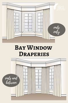 two windows with the words bay window draperies on them