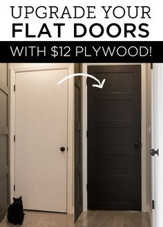 a black cat sitting on the floor in front of an open door with text overlay reading upgrade your flat doors with $ 12 plywood