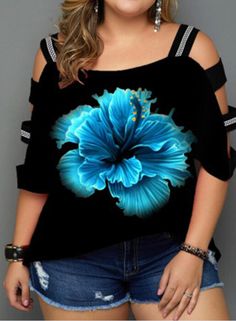 Print Floral Cold Shoulder 3/4 Sleeves Casual Plus Size T-shirts Black Half Sleeve Tops For Summer, Black Half Sleeve Summer Tops, Casual 3/4 Sleeve Summer T-shirt, Blue Half Sleeve T-shirt For Spring, Black 3/4 Sleeve T-shirt With Graphic Print, Black Graphic Print T-shirt With 3/4 Sleeve, Blue Half-sleeve Top With Graphic Print, Summer 3/4 Sleeve Tops With Graphic Print, Blue Half Sleeve Top With Graphic Print