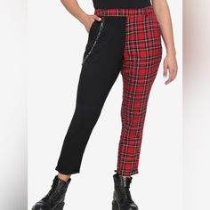 These Pants Feature One Solid Black Leg, One Red, White And Black Plaid Leg, Detachable Chain, High Rise, Four Pockets And An Elasticated Section In The Waistband For A Close And Comfy Fit. Inseam 27”. Edgy Red Stretch Pants, Edgy Red High-waist Bottoms, Red Fitted Edgy Pants, Edgy Red Cotton Bottoms, Edgy Red Fitted Bottoms, Edgy Fitted Red Bottoms, Edgy Red Fitted Pants, Split Leg Pants, Red Plaid Pants