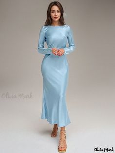 Olivia Mark - Satin Long Sleeve Elegant Maxi Dress with Stylish Mermaid Hem Blue Fitted Long Sleeve Mermaid Dress, Fitted Solid Color Dress With Mermaid Hem, Light Blue Fitted Dress With Mermaid Hem, Light Blue Fitted Mermaid Hem Dress, Fitted Dress With Mermaid Hem, Ice Dresses, Modest Fits, Modest Bridesmaid Dresses, Satin Long Sleeve