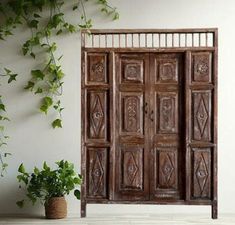 an old wooden door sitting next to a potted plant