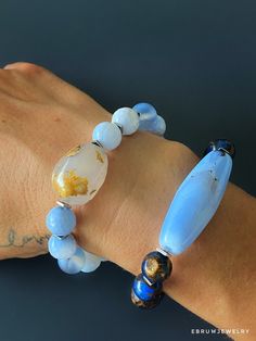 Ocean Inner Peace Bracelet Set - EBRU JEWELRY Elegant Crystal Bracelet For Meditation, Elegant Healing Beaded Bangle Bracelets, Elegant Hand-strung Crystal Bracelet For Meditation, Bohemian Blue Bracelets For Meditation, Blue Bohemian Bracelets For Meditation, Blue Hand Wrapped Bracelets For Everyday, Everyday Blue Hand Wrapped Bracelets, Holistic Blue Beaded Bracelets For Healing, Blue Natural Stones Beaded Bracelets For Meditation