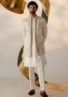 Jatin Malik-Dreamy Ivory Bandhgala And Trousers-INDIASPOPUP.COM Jatin Malik, Blouse Yoke, Dhoti Pants, Royal Look, Old Rose, Tapered Trousers, Indian Wedding Outfits, Gold Threads, Sherwani