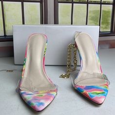 Rainbow Color Heels Colorful Pointed Toe Heels For Summer, Trendy Rainbow Heels For Spring, Rainbow Heels For Spring Party, Spring Rainbow Open Toe Heels, Colorful High Heel Spring Heels, Chic Multicolor Pointed Toe Sandals, Colorful Casual High Heel Shoes, Colorful Chic Heels For Spring, Chic Colorful Heels For Spring