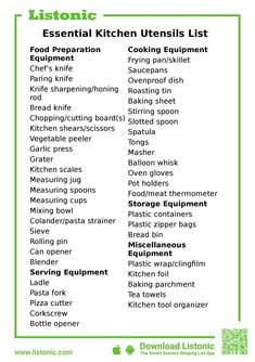 the list of kitchen utensils is shown in green and white, with words above it