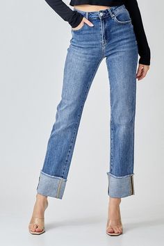 The high rise loose straight jeans by Risen feature a bit of stretch. The cuff hem is not sewn, so you can adjust it, or wear without the cuff at all. We recommend sizing down. Fabric Contents: 91% Cotton, 6% Polyester, 3% Spandex Jeans With Cuffs, Big Cuff Jeans Outfit, Cuffed Jeans Outfit, Risen Jeans, Loose Straight Jeans, Cuffed Denim Jeans, Cuffed Jeans, Relaxed Jeans, Dark Jeans