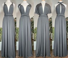 four different views of the same dress on mannequins, one in grey and one in white