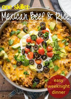 one skillet mexican beef and rice recipe in a pan with the title overlay