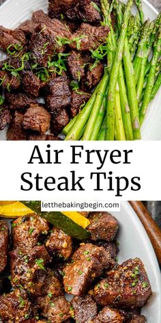 air fryer steak tips on a plate with asparagus