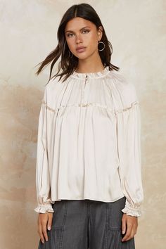 Made for romance. This flowy blouse is pure poetry, designed with a split neckline that's fastened by a single button and framed by delicate gathers. A ruffled yoke with picot stitch detailing completes the look. •Relaxed fit •Split neckline with button fastening •Long sleeves •Ruffled yoke •Picot stitching at edges DIMENSIONS •Standard: 24.75" Length item number 2230087 100% Polyester Picot Stitch, Ruffled Blouse, Flowy Blouse, Wardrobe Ideas, Woven Top, Flowy Tops, Item Number, Business Casual, Split