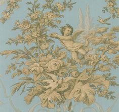 an image of a wallpaper with flowers and cherubs on the branches in pastel blue