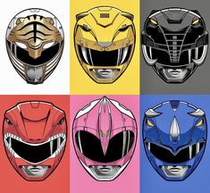 four different types of helmets on colored squares