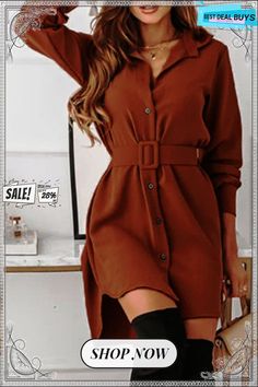 Casual Elegant Solid Buckle with Belt Turndown Collar Shirt Dress Dresses Fall Belted Knee-length Mini Dress, Fall Knee-length Belted Mini Dress, Fall Mini Dress Belted Knee-length, Casual Solid Color Shirt Dress For Fall, Fitted Collared Shirt Dress For Winter, Winter Collared Fitted Shirt Dress, Casual Belted Mini Dress For Fall, Non-stretch Brown Winter Dress, Casual Collared Winter Dress