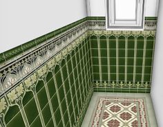 a bathroom with green tiles and white trimmings on the walls, floor and window