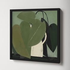 an abstract painting with green leaves and white vases on the wall next to it