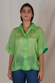 Shop for Leh Studios Green Handwoven Silk Organza Shirt for Women Online at Aza Fashions Collar Shirt For Women, Organza Shirt, Organza Top, Studio Green, Woman Dress, Leh, Silk Organza, Green Shirt, Green Tops