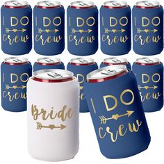 12 can coolers with gold foil lettering and arrows on the side, set of twelve