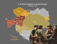 a map shows the percentage of german speakers in austrian - hungarian countries, from 1900 to 1910