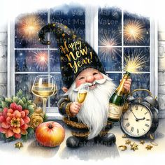 a happy new year greeting card with a gnome holding a bottle and a glass of wine