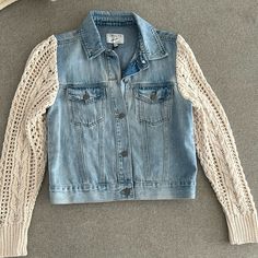 Brand New Denim Jacket With Tags Denim Jacket With Crochet Sleeves, Fall Denim Blue Stretch Outerwear, Stretch Medium Wash Winter Outerwear, Stretch Medium Wash Outerwear For Winter, Fall Stretch Denim Blue Outerwear, Stretch Denim Outerwear For Fall, Stretch Medium Wash Long Sleeve Outerwear, Stretch Denim Long Sleeve Outerwear, Fitted Light Wash Outerwear For Fall