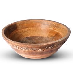 Handcrafted in India from natural mango wood this bowl makes an elegant addition to any tabletop with its unique, hand-carved design around the rim - a great home decor piece. - 12" x 4.5" x 11" Large Wooden Bowl, Mango Wood Bowls, Wooden Fruit Bowl, Wood Serving Bowl, Wooden Fruit, Wooden Salad Bowl, Wood Salad Bowls, Modern Rustic Homes, Whitewash Wood