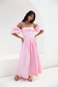 Bella Off-Shoulder Maxi Dress Pink White Dress Flowy, Spring Break Dress, Brunch Dress, Off Shoulder Dresses, White Long Sleeve Dress, Skirt And Top Set, Date Night Dresses, Pink Maxi Dress, Classic Dress