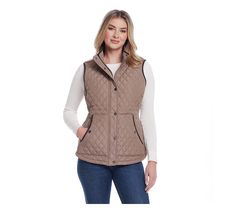 Cover up in this corduroy-trimmed diamond quilted vest. The sleeveless topper features a zip and snap front closure, two patch pockets, and a curved hemline for a flattering fit. Perfect for transitional weather, it will keep you warm and snug during chilly-weather days. From Weatherproof. Chilly Weather, Quilted Vest, Diamond Quilt, Outerwear Coats, Outerwear Women, Cold Weather, Coats Jackets, Cover Up, Perfect Fit