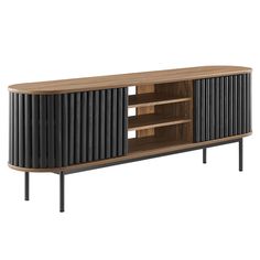 the sideboard is made out of wood and has black metal bars on one side