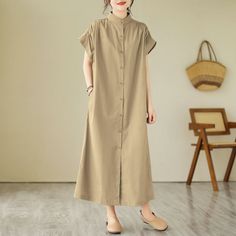 36 Casual Solid Maxi Dress For Work, Khaki Beach Dress, Khaki Short Sleeve Dress With Relaxed Fit, Khaki Short Sleeve Relaxed Fit Dress, Relaxed Fit Button-up Dress In Solid Color, Solid Color Button-up Relaxed Fit Dress, Relaxed Fit Solid Color Button-up Dress, Khaki Relaxed Fit Short Sleeve Dress, Relaxed Fit Button-up Solid Dress