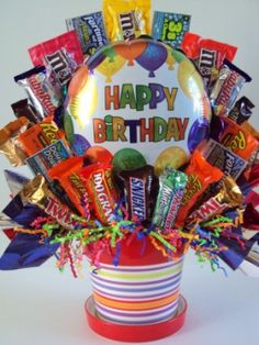 a birthday gift basket filled with candy and balloons