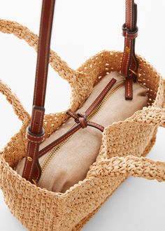 Raffia-effect shoulder bag - Woman | MANGO USA Rafia Bags, Rafia Bag, Mango Handbags, Straw Tote Bag, Inside Bag, Straw Bags, Raffia Bag, Straw Tote, Shoulder Purse