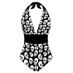 THIS IS A GORGEOUS LADIES HALTER NECK SWIMSUIT WITH OUR BLACK AND WHITE SKULL PRINT.  The fabric is 82% polyester and 18% spandex.  Care instructions: Machine wash or hand wash in water temperature below 45ºC, do not bleach, do not iron. Made to order with my manufacturing partner in approx 2-3 weeks. Fitted Black Printed Bodysuit, Fitted Printed Black Bodysuit, Alternative Swimwear, Swimwear Inspiration, Halter Neck Swimsuit, Black Skulls, Gothic Style, Water Temperature, Skull Print