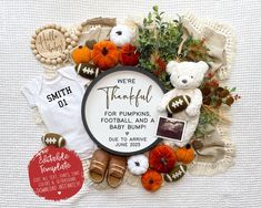 there is a baby's first thanksgiving photo frame with teddy bears and pumpkins